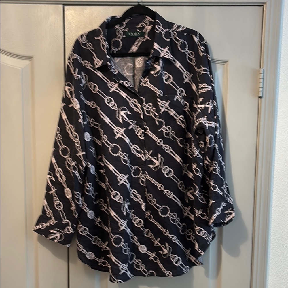 Lauren by Ralph Lauren Nautical Pullover Shirt 1X Womens Navy Blue
